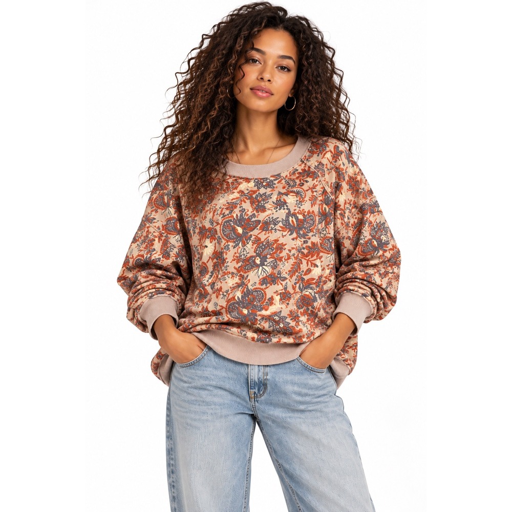 Free People Go On Get Floral Raglan Oversized Boho Sweatshirt